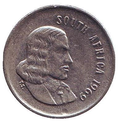 Монета 5 центов. 1969 год, Южная Африка. (South Africa). Африканская красавка.