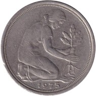 Монета 50 пфеннигов. 1975 (F) год, ФРГ. Женщина, сажающая дуб. Монета 50 пфеннигов. 1975 (F) год, ФРГ. Женщина, сажающая дуб.