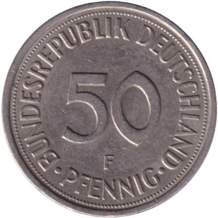 Монета 50 пфеннигов. 1975 (F) год, ФРГ. Женщина, сажающая дуб. Монета 50 пфеннигов. 1975 (F) год, ФРГ. Женщина, сажающая дуб.