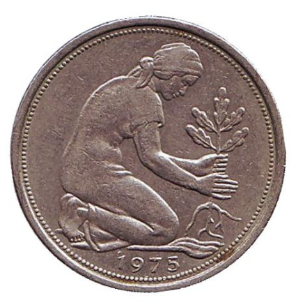 Монета 50 пфеннигов. 1975 (J) год, ФРГ. Женщина, сажающая дуб.