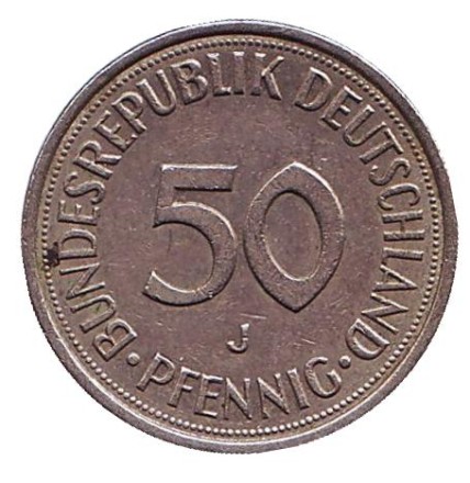 Монета 50 пфеннигов. 1975 (J) год, ФРГ. Женщина, сажающая дуб. Монета 50 пфеннигов. 1975 (J) год, ФРГ. Женщина, сажающая дуб.