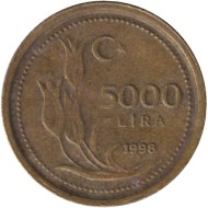 Монета 5000 лир. 1998 год, Турция. (Легкая, вес - 3.48).