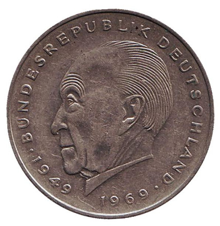 Монета 2 марки. 1969 год (G), ФРГ. Конрад Аденауэр.