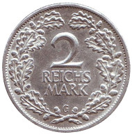 Монета 2 рейхсмарки. 1926 год (G), Веймарская республика. Монета 2 рейхсмарки. 1926 год (G), Веймарская республика.