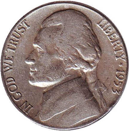 Монета 5 центов. 1953 год, США. Джефферсон. Монтичелло.
