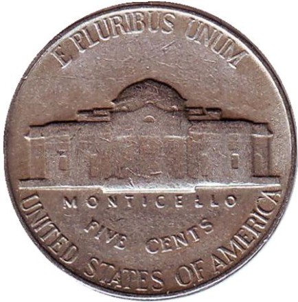 Монета 5 центов. 1953 год, США. Джефферсон. Монтичелло. Монета 5 центов. 1953 год, США. Джефферсон. Монтичелло.