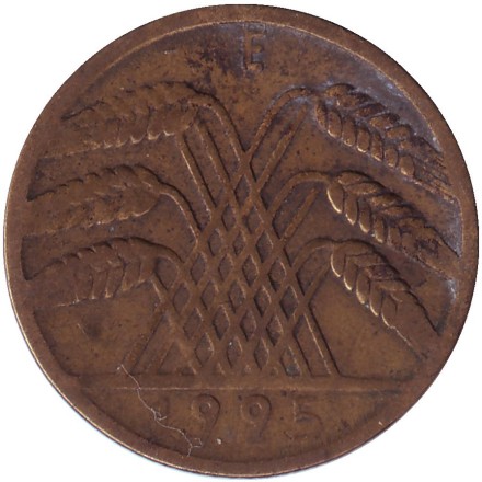Монета 10 рейхспфеннигов. 1925 (E) год, Веймарская республика. Монета 10 рейхспфеннигов. 1925 (E) год, Веймарская республика.
