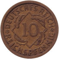 Монета 10 рейхспфеннигов. 1925 (E) год, Веймарская республика. Монета 10 рейхспфеннигов. 1925 (E) год, Веймарская республика.