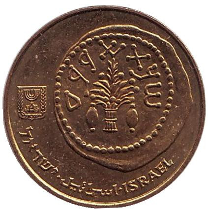 Монета 5 агор. 1987 год, Израиль. Ханука. Древняя монета.