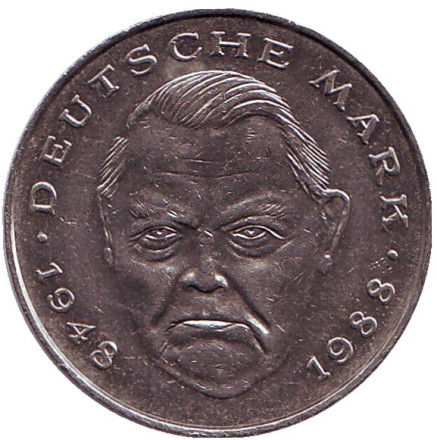 Монета 2 марки. 1988 год (J), ФРГ. Людвиг Эрхард.