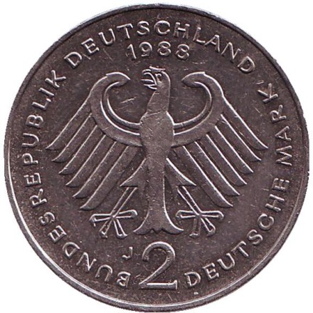Монета 2 марки. 1988 год (J), ФРГ. Людвиг Эрхард. Монета 2 марки. 1988 год (J), ФРГ. Людвиг Эрхард.