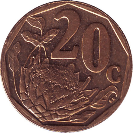 Монета 20 центов. 2013 год, ЮАР. Цветок протея.