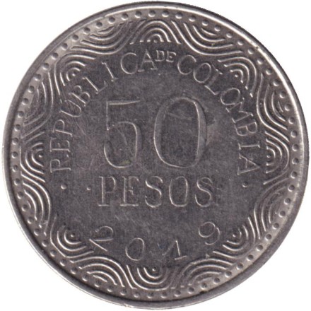 Монета 50 песо. 2019 год, Колумбия.