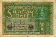 Рейхсбанкнота 50 марок. 1919 год, Веймарская республика. Рейхсбанкнота 50 марок. 1919 год, Веймарская республика.