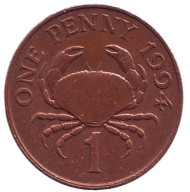 Монета 1 пенни. 1994 год, Гернси. Краб. Монета 1 пенни. 1994 год, Гернси. Краб.