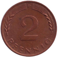 Монета 2 пфеннига. 1970 год (D), ФРГ. Дубовые листья. Монета 2 пфеннига. 1970 год (D), ФРГ. Дубовые листья.