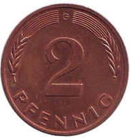 Монета 2 пфеннига. 1990 год (G), ФРГ. Дубовые листья. Монета 2 пфеннига. 1990 год (G), ФРГ. Дубовые листья.