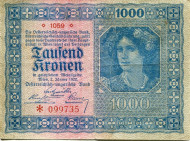 Банкнота 1000 крон. 1922 год, Австро-Венгрия. Банкнота 1000 крон. 1922 год, Австро-Венгрия.