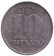 Монета 10 пфеннигов. 1983 год, ГДР. Монета 10 пфеннигов. 1983 год, ГДР.