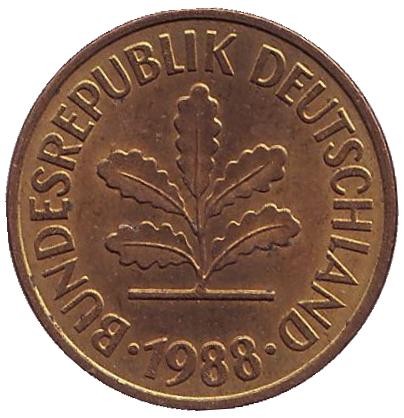 Монета 5 пфеннигов. 1988 год (J), ФРГ. Дубовые листья.