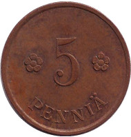 Монета 5 пенни. 1930 год, Финляндия. Монета 5 пенни. 1930 год, Финляндия.