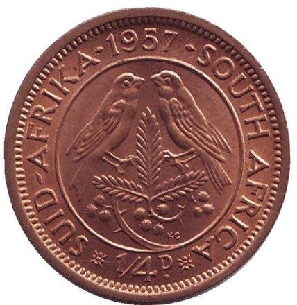 Монета 1/4 пенни (фартинг). 1957 год, ЮАР. UNC. Птицы.