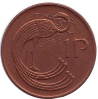Птица. Ирландская арфа. Монета 1 пенни. 1988 год, Ирландия. (Магнитная)