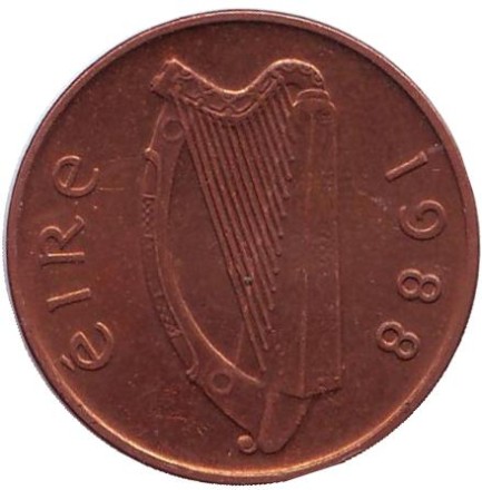 Монета 1 пенни. 1988 год, Ирландия. (Магнитная) Птица. Ирландская арфа.