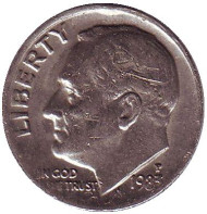 Монета 10 центов. 1983 (P) год, США. Рузвельт. Монета 10 центов. 1983 (P) год, США. Рузвельт.