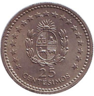 Монета 25 сентесимо. 1960 год, Уругвай. Монета 25 сентесимо. 1960 год, Уругвай.
