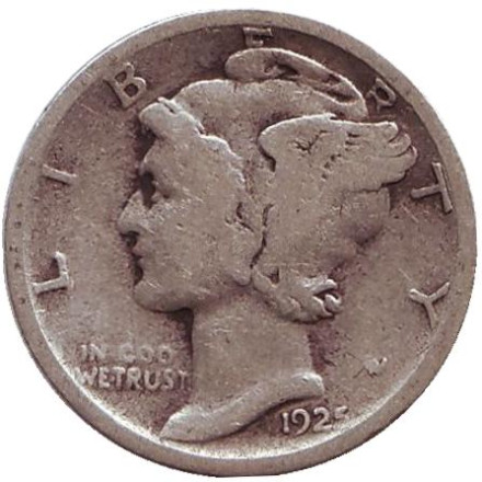 Монета 10 центов. 1925 год, США. Монетный двор "S". Меркурий.