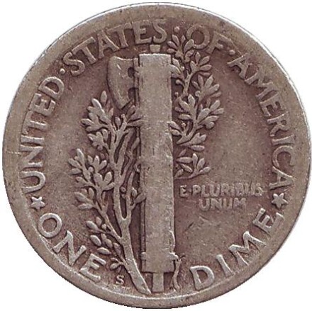Монета 10 центов. 1925 год, США. Монетный двор "S". Меркурий.