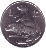 Монета 10 лир. 1975 год, Сан-Марино. Любовь у животных. Сурки. Монета 10 лир. 1975 год, Сан-Марино. Любовь у животных. Сурки.