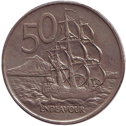 Монета 50 центов, 1973 год, Новая Зеландия. Парусник "Endeavour".