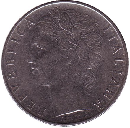 Монета 100 лир. 1959 год, Италия. Богиня мудрости Минерва рядом с оливковым деревом.