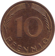 Монета 10 пфеннигов. 1996 год (A), ФРГ. Дубовые листья. Монета 10 пфеннигов. 1996 год (A), ФРГ. Дубовые листья.