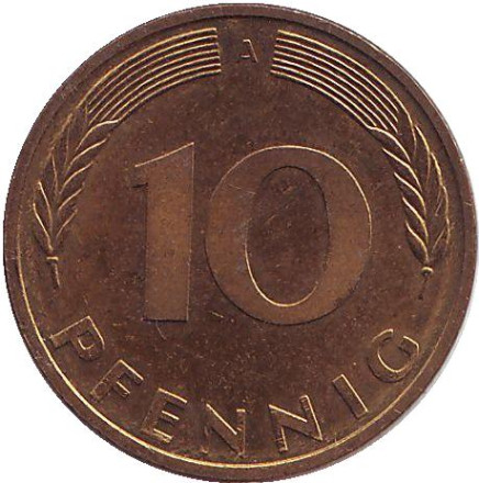 Монета 10 пфеннигов. 1996 год (A), ФРГ. Дубовые листья.