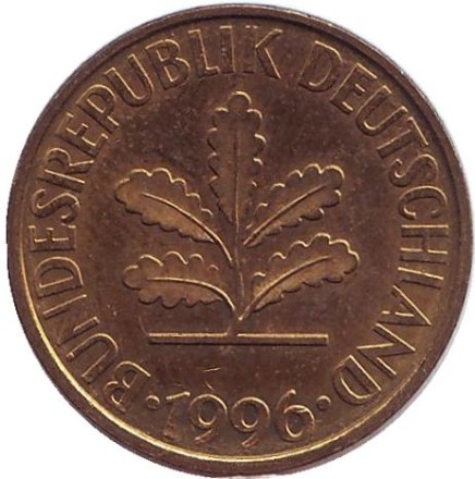 Монета 10 пфеннигов. 1996 год (A), ФРГ. Дубовые листья. Монета 10 пфеннигов. 1996 год (A), ФРГ. Дубовые листья.