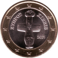 Монета 1 евро. 2021 год, Кипр. Монета 1 евро. 2021 год, Кипр.