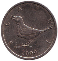 Монета 1 куна. 2009 год, Хорватия. Соловей. Монета 1 куна. 2009 год, Хорватия. Соловей.