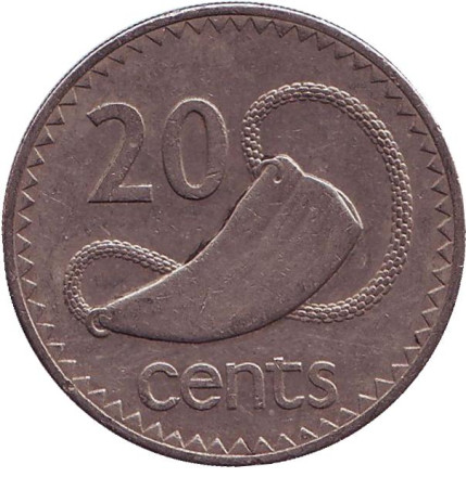 Монета 20 центов. 1987 год, Фиджи. Культовый атрибут Tabua (зуб кита) на плетеном шнурке.