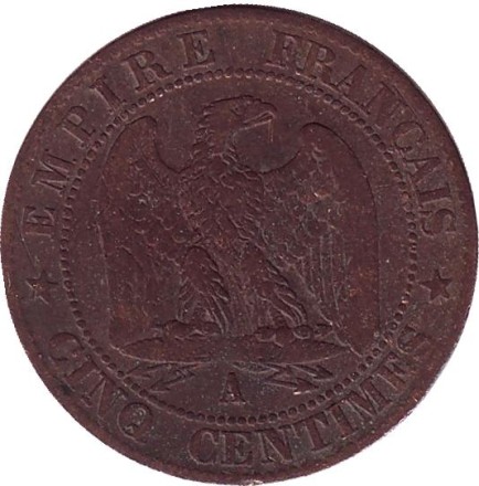 Монета 5 сантимов. 1854 год (A), Франция. Наполеон III. Монета 5 сантимов. 1854 год (A), Франция. Наполеон III.