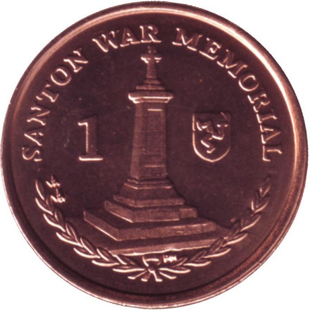 Монета 1 пенни. 2010 год, Остров Мэн. UNC. Военный мемориал в Сантоне.