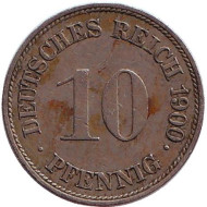 Монета 10 пфеннигов. 1900 год (G), Германская империя. Монета 10 пфеннигов. 1900 год (G), Германская империя.