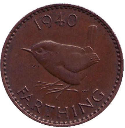 Монета 1 фартинг. 1940 год, Великобритания. Крапивник. (Птица).