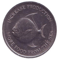 Монета 5 центов. 1971 год, Сингапур. Морской лещ. Монета 5 центов. 1971 год, Сингапур. Морской лещ.