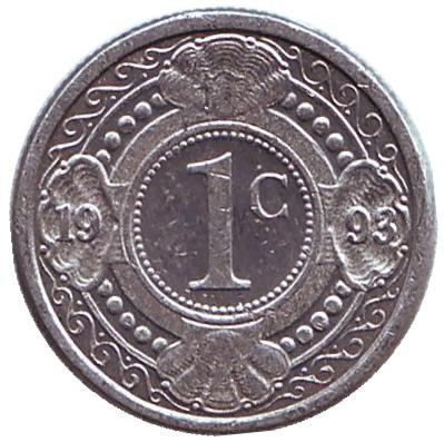 Монета 1 цент. 1993 год, Нидерландские Антильские острова. Цветок апельсинового дерева.