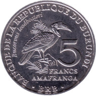 Монета 5 франков. 2014 год, Бурунди. Серия "Птицы". Кафрский рогатый ворон. Монета 5 франков. 2014 год, Бурунди. Серия "Птицы". Кафрский рогатый ворон.