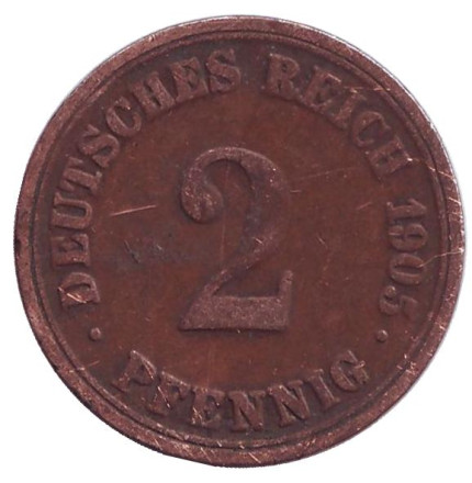 Монета 2 пфеннига. 1905 год (А), Германская империя.