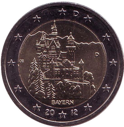 Монета 2 евро, 2012 год, Германия. Монетный двор D. Замок Нойшванштайн в Баварии.
